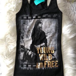 Rhapsodielle L "Young Wild Free" Black Racer back Tank Top NWT